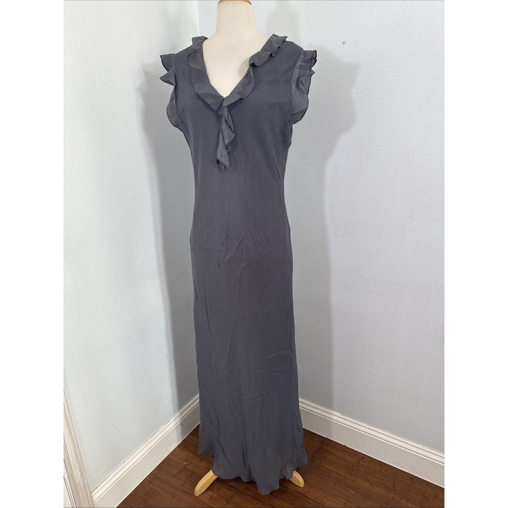 Perry Ellis‎ Dress Womens 14 Silk  Gray Ruffle Flutter Sleeve Romantic Fairycore